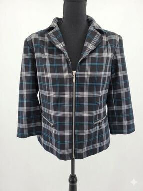 dressbarn Black Plaid Zip-Front Blazer with Blue Accents